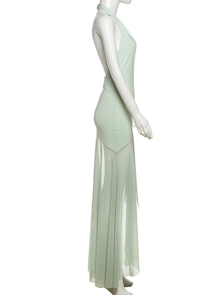 Nibber Vacation Patchwork Mesh Dress Women Halter Backless Deep V-Nec Sexy Irregular Hem Birthday Party Elegant Slim Vestidos