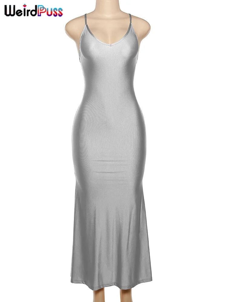 Weird Puss Sexy Backless Women Evening Maxi Dress Folds V-Neck Sleeveless Coquette Elegant Mermaid Matching Banquet Prom Bodycon