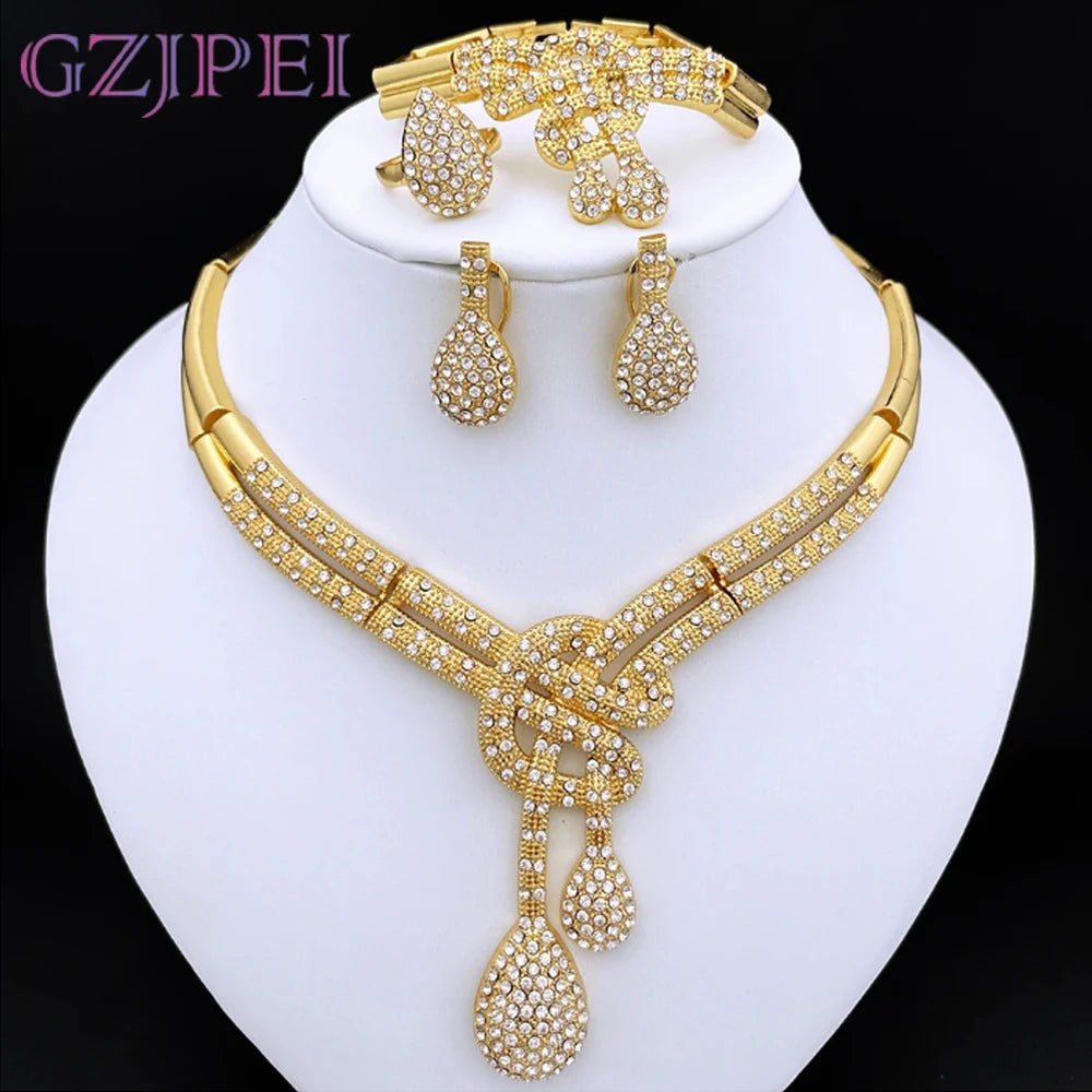Dubai Gold Color Women Jewelry Sets Classic Design Necklace Earrings Charm Bracelet Ring  Banquet Party Jewelry 18K Gold Plated