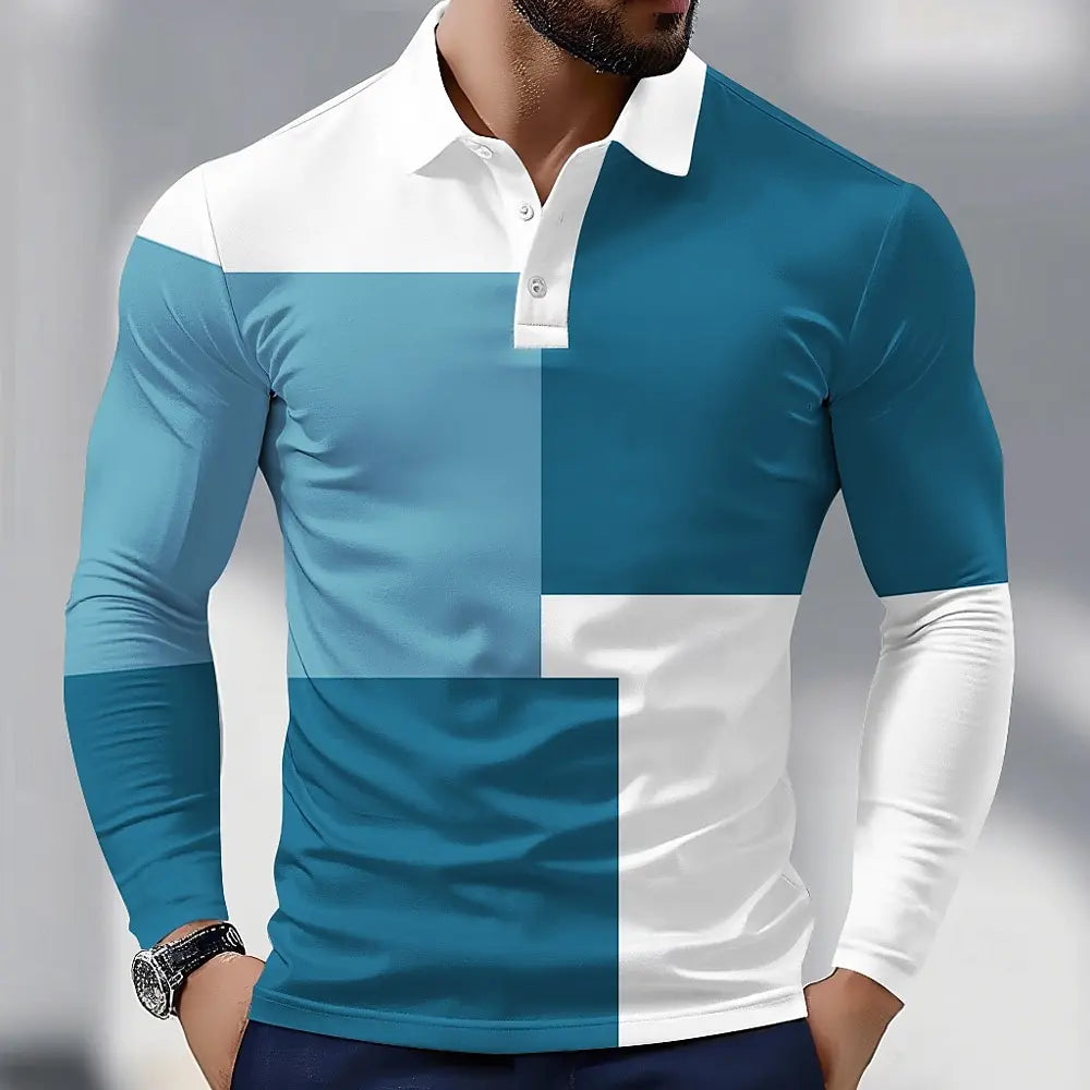 Men's Plaid Splicing Long Sleeve Polo Shirt Lapel Sports Leisure Outdoor Office Daily Wear Button Spring Autumn Winter