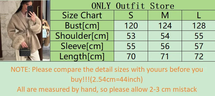 Elegant Lace Up Woolen Short Coat Solid Loose Lapel Furry Belt Long Sleeve Jacket Female 2025 Autumn Winter Lady Chic Cardigan