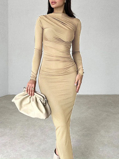 Women Elegant Solid Black Bodycon Maxi Dress Long Sleeve Lady O-neck Evening Party Vestidos Robe