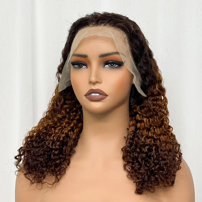 Double Drawn 250% Density Ombre 18 Inches Water Wave Curly Human Hair Wigs 13x4 Transparent Lace Frontal Hair Wig for Women
