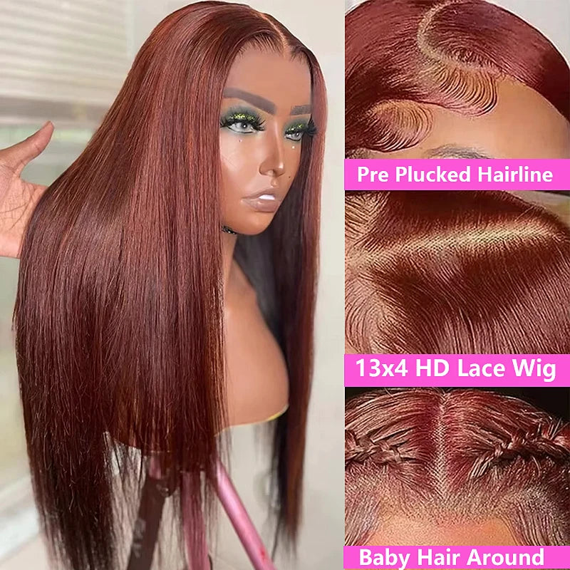 Reddish Brown Straight Wigs13x4 HD Lace Human Hair Wig Pre Plucked 30 inch Colored Lace Frontal Wigs  Brazilian 100%Human Wig