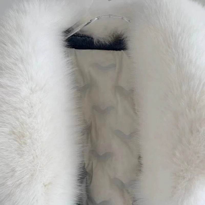 Womens Coats Spring New 100%Natural Real Fox Fur Collar Fashion Short Denim Jacket Luxury Goose Down Puffer Jackets Clothing