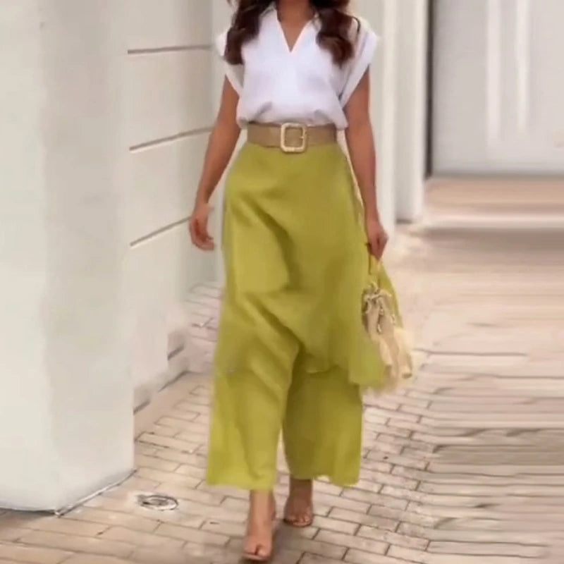 Womens Summer 2 Piece Outfits 2026 Elegant V-neck Short Sleeved Top & Skirt Wide Leg Pants Fashion Casual Female Two Piece Sets