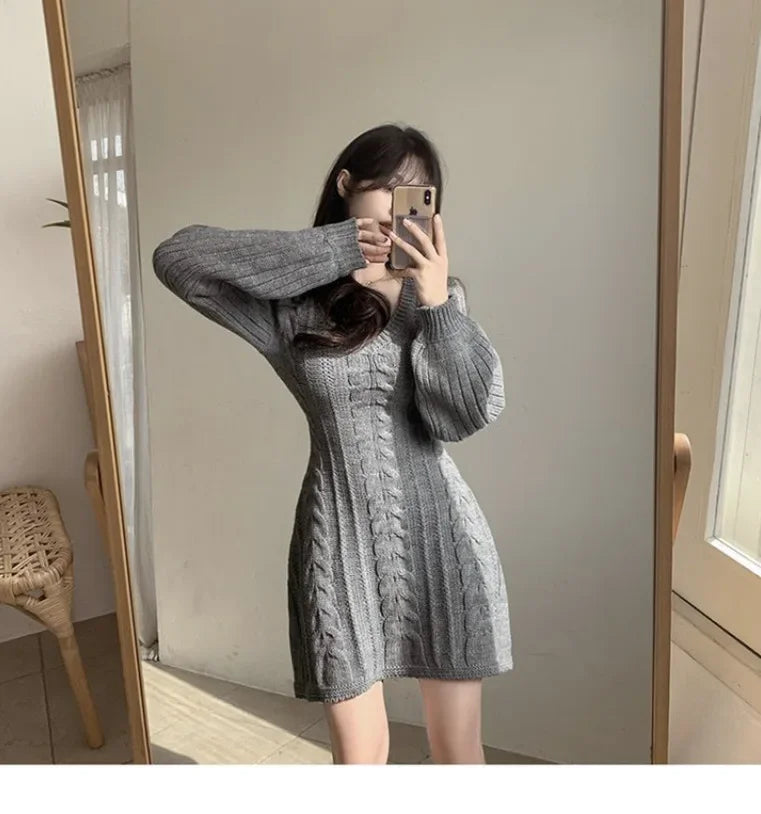 Korean Chic Autumn Gentle V-neck Linen Pattern Design Slimming Long Sleeve A- line Knitted Dress High Collar Ankle-length Dress