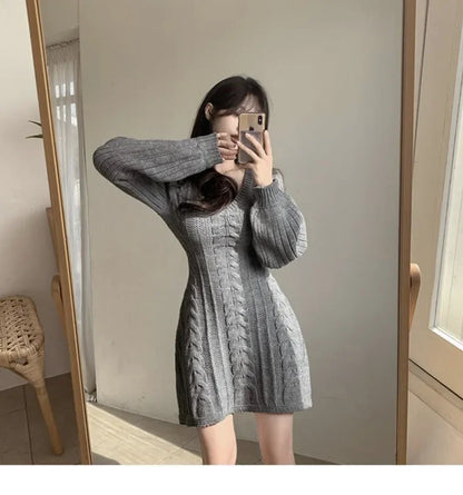 Korean Chic Autumn Gentle V-neck Linen Pattern Design Slimming Long Sleeve A- line Knitted Dress High Collar Ankle-length Dress