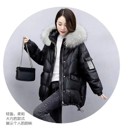 2025 Winter New Warm Down Cotton Jacket With Large Fur collar Hooded Coat Loose Women Thicken Parker Puffer Overcoat Casual wear