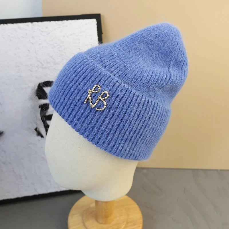 Letter Fluffy Angora Fur Beanies Winter Hat for Woman Luxury Fluffy Knited Hat Bonnet Lady Autumn Winter Warm Skullies Cap