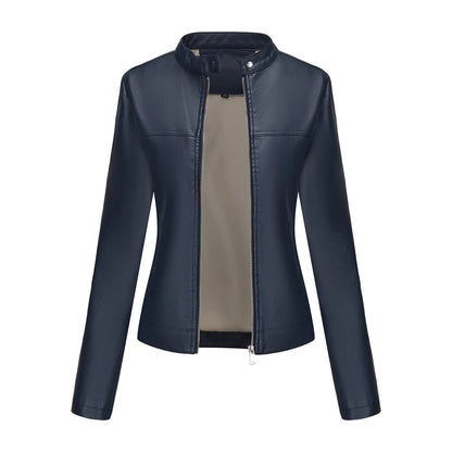 Black Women's Fitted Leather Jacket with Front Zipper & Side Pockets‌, Available in Brown, Navy Blue, and Beige.