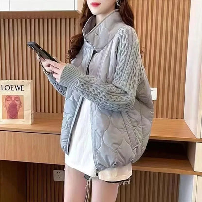 Stand Collar Sweater Sleeve Splicing Down Cotton Jacket Women Autumn Winter Warm Down Cotton Parkas 2025 New Female Fashion Coat