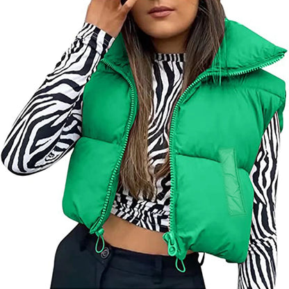 Fall Winter Warm Cropped Vest Jackets for Women Fashion Sleeveless Stand Collar Zip Up Puffer Waistcoat Street Style Outwear