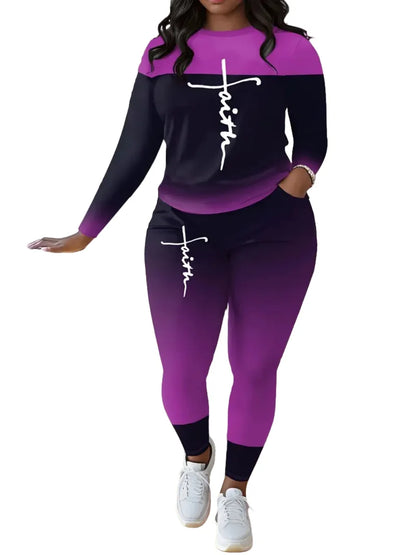 Plus Size Women's Suit, Fashionable Letter Print Patchwork Two-Piece Set