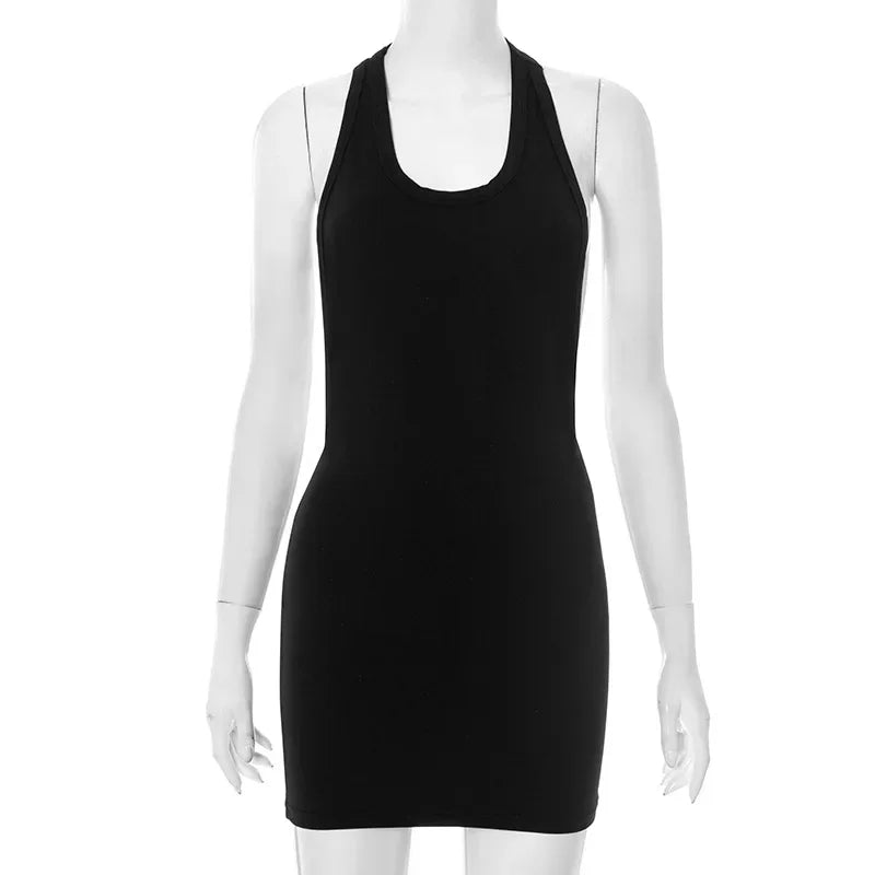 Woman Clothing Sleeveless Backless Solid Black Party Club Dress 2025 Summer Sexy Hollow Out Package Hip Mini Vacation Dresses