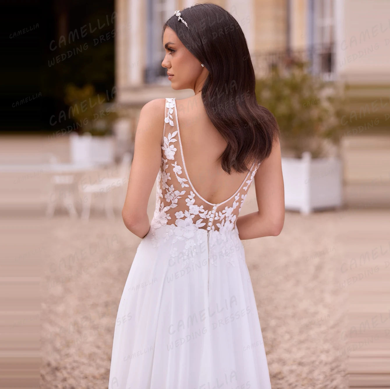 Elegant Lace Wedding Dresses Women's A Line Sleeveless Chiffon V Neck Backless Bridal Gowns Vestidos De Novia Customized Party