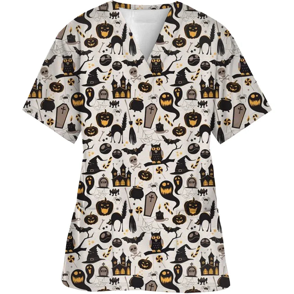 Women Short-Sleeved V-Neck Nurse Top Halloween Women's Fashion Casual Printing Top Protective Work Suit Medical Working Uniform