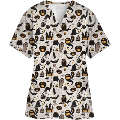 Women Short-Sleeved V-Neck Nurse Top Halloween Women's Fashion Casual Printing Top Protective Work Suit Medical Working Uniform
