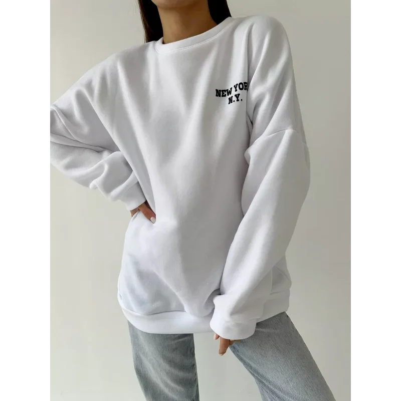 Popular Letter Printing Autumn Winter Loose Versatile Temperament Lazy Style Casual Round Neck Sweatshirt for Women
