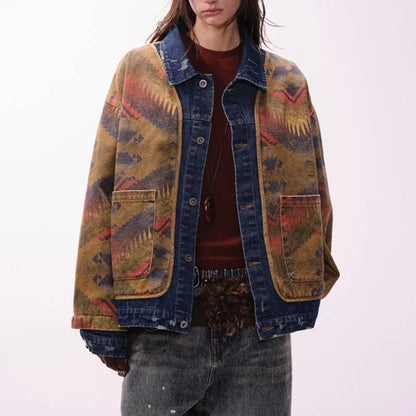 MWJLPWQ Trendy Jacquard Design Male Denim Jacket American Street Style Lapel Personalized Washed Tops 2025 Autumn New 20993