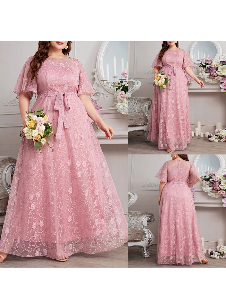 Women's Plus Size Dress Round Neck Short Sleeves Oversized  A-Line Tulle Pink High Waist Floral Lace Formal Evening Dresses