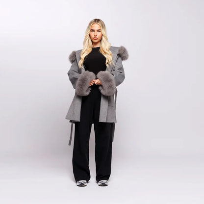 Fashion Hooded Women's Wollen Coat Fur Collar Lace Up Pocket Solid Warm Lady Coats 2025 Autumn Winter Elegant Female Streetwear