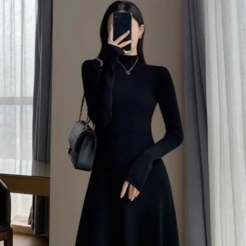 Women's Knitted A- Line Mini Dress Hepburn Little Black Dress Autumn Winter Inner Wear Slimming Base Layer Skirt For Coat