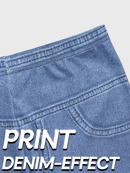 Women's Slim Fit Autumn Leggings with Full Length Denim-Look Floral Print Casual and Comfortable Workout Pants