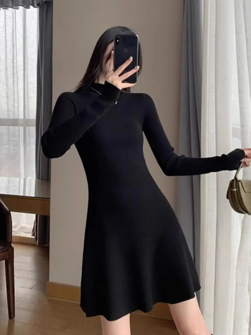 Women's Knitted A- Line Mini Dress Hepburn Little Black Dress Autumn Winter Inner Wear Slimming Base Layer Skirt For Coat