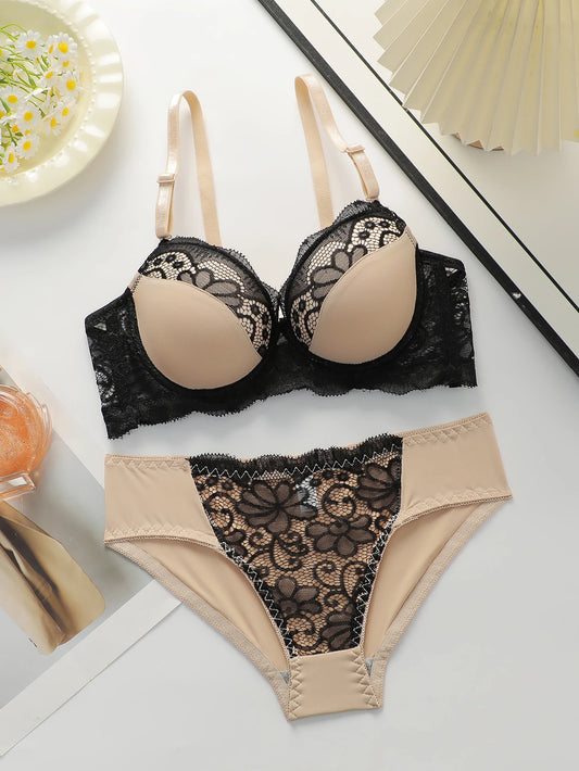 Women's sexy embroidered lace lingerie set with steel ring gathering push up daily casual close fitting bra set B2076