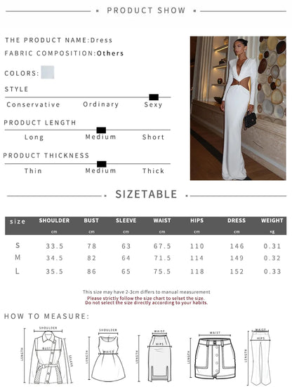 Sisterlinda Sexy Waistless Long Dress Women Ruched Deep V-Neck Full Sleeve Metal Buckle Patchwork Prom Party Elegant Clothing