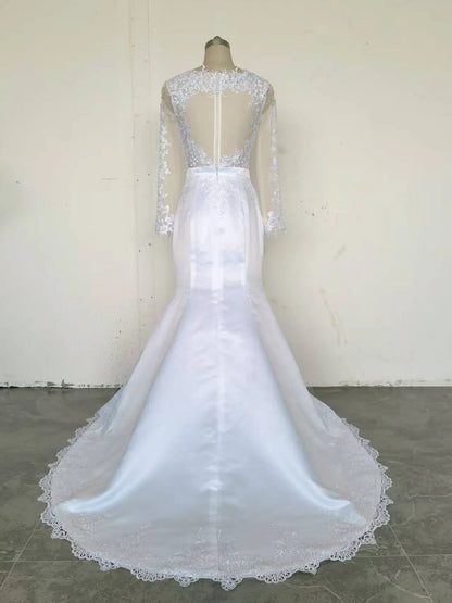 Lace 2 In 1 Mermaid Wedding Dresses Long Sleeves Scoop Neck Detachable Train Puffy Tulle Appliques Bridal Gowns Customized