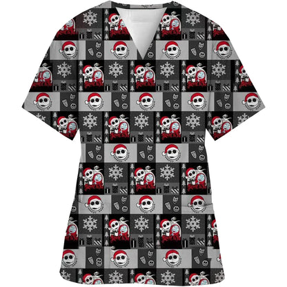 Women Short-Sleeved V-Neck Nurse Top Halloween Women's Fashion Casual Printing Top Protective Work Suit Medical Working Uniform