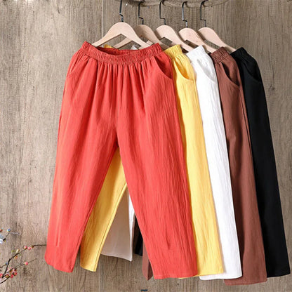 Womens Spring Summer Pants Cotton Linen Solid Elastic waist Candy Colors Harem Trousers Soft high quality for Female ladys M-4XL