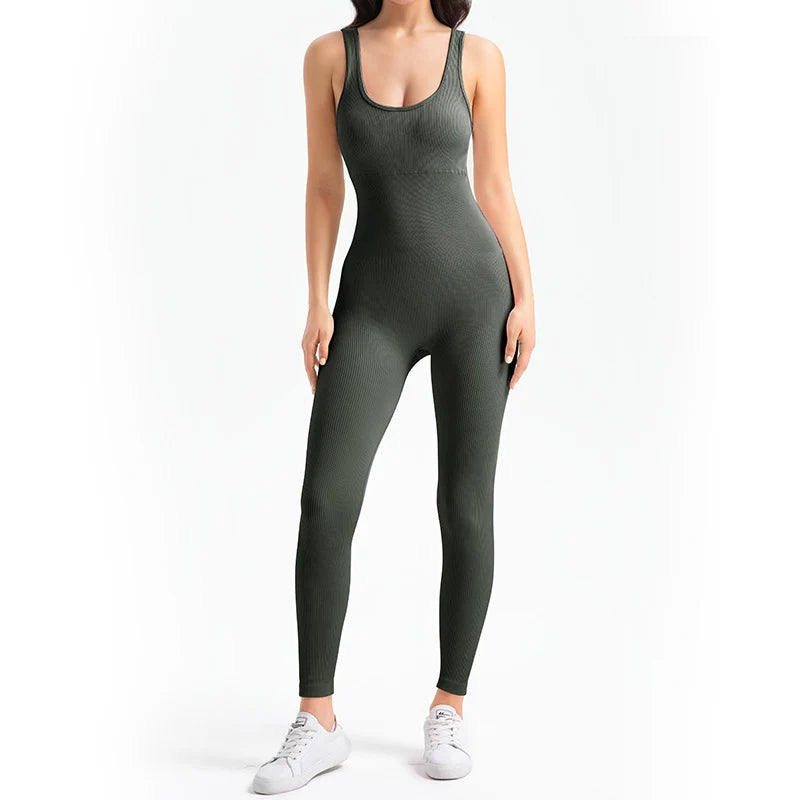 Yoga Jumpsuit Women's Yoga Set One-piece Sports Romper With Chest Pad Fitness Bodysuit Gym Seamless Ribbed Workout Sportswear
