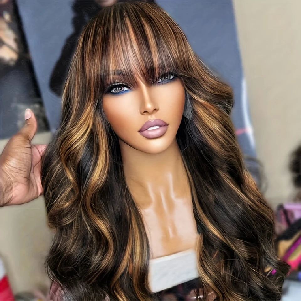 Glueless Highlighted Honey Blonde Body Wave Wig with Bangs Brazilian Human Hair Virgin Remy Machine Made Cheap Wigs On Sale 180%