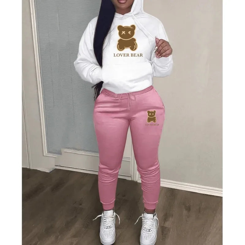 2 Piece Set Women Outfit Letter Bear Print Hooded Neck Hoodies Sweatshirt Pants Tracksuit 2024 Plus Size Streetwear Casual Suit