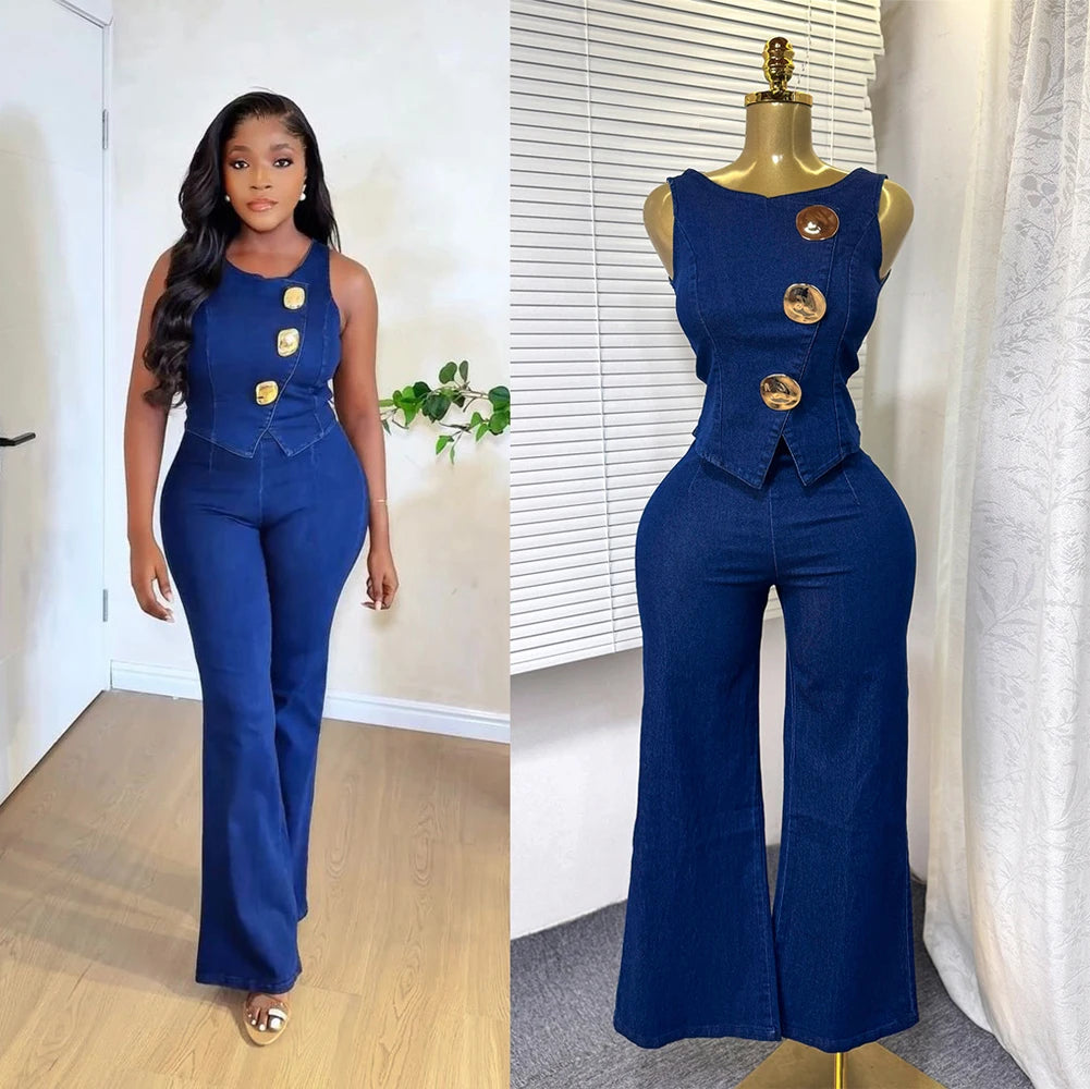 Fashion Denim Women Loungewear Sets Sleeveless Button Tank Tops and Wide Leg Jean Pants Suit 2025/2026 Holiday Outfits 2 Piece Set