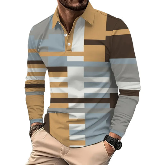 Vintage Stripe Print Mens Polo Shirts Fashion Lapel Golf Wear Men's T-Shirt Tops Street Sports Long Sleeve T Shirt Men Clothes