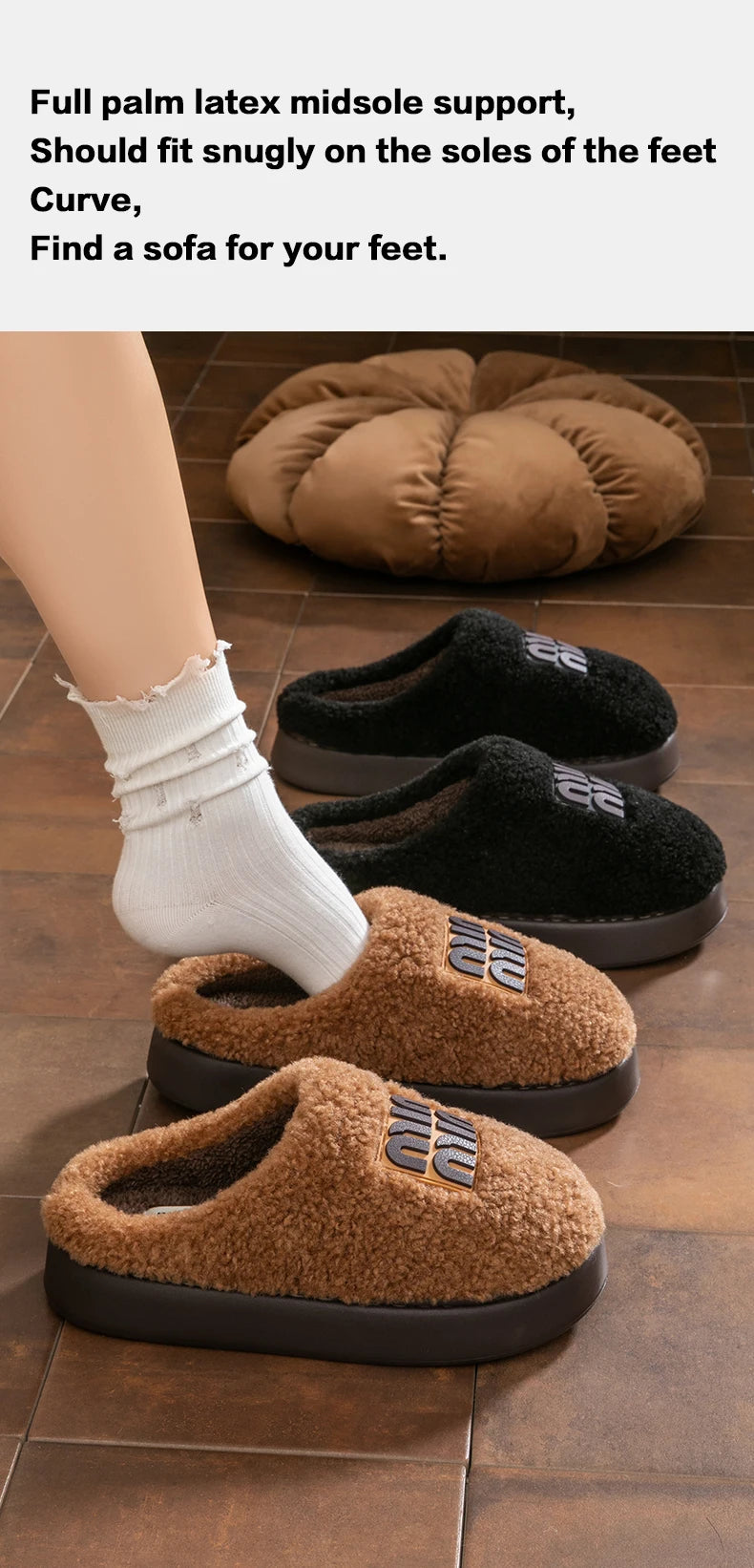 New plush cotton slippers for women, autumn and winter indoor thick sole with plush anti slip slippers, thickened cotton slipper