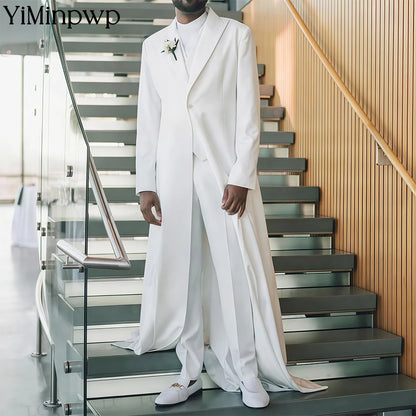 White Classic Wedding Groom Men Suits 3 Piece Long Blazer Vest Pants Satin One Button Tuxedo Formal Work Wear Prom XS-5XL
