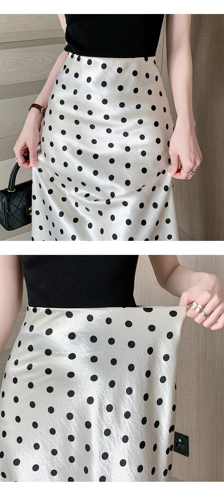 Seoulish High Waist Elegant Dots Printed Satin Women's Long Fishtail Skirts New Loose Office Mermaid A-line Skirts Female