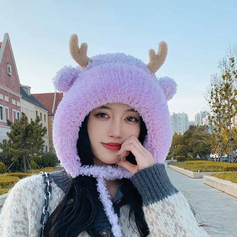 Knitted Hat Beanie Winter Warm Fleece Lined Reindeer Antlers Korean Style Cute Christmas Party Women Girls Thickened Thermal