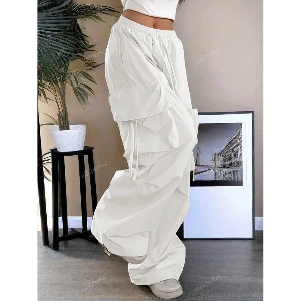 Loose Wide Leg Casual Pants Women's Workwear Trousers with Big Pockets Vintage Long Pants High Street Trend New 2025
