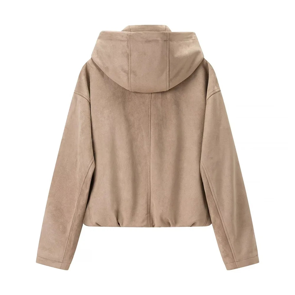 New autumn and winter women's casual loose suede texture effect hooded long sleeved solid color pilot jacket jacket