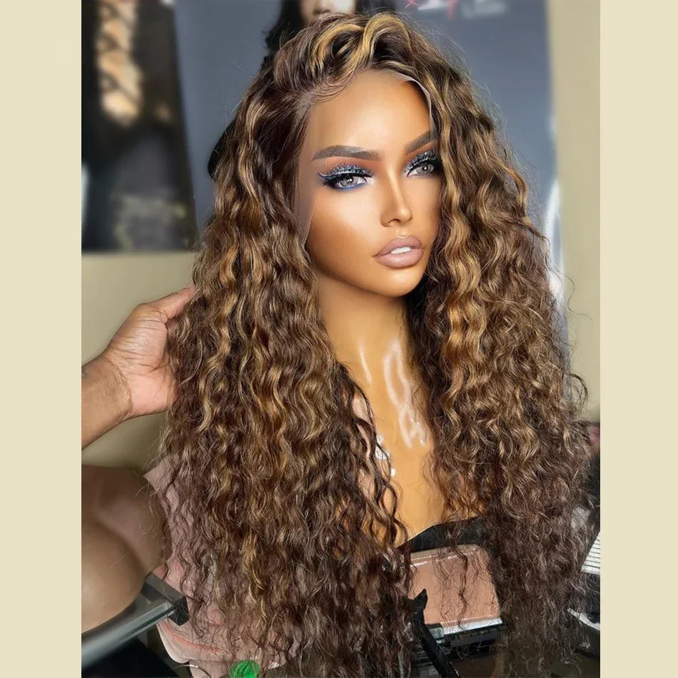 Long Highlight Blonde Brown Kinky Curly 180Density Lace Front Wig For Black Women Babyhair Natural Hairline Preplucked Glueless