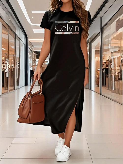 Summer women's elastic black Blessed  round neck short sleeved T-shirt dress long dress women's clothing