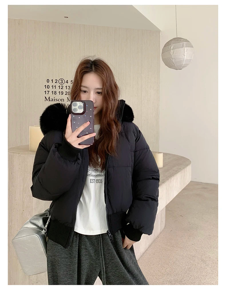 Casual Warm Fur Hooded Cropped Parkas Chic Streetwear Korean Style Down Cotton Coat Thicken Short Women's Winter 2025 Jacket