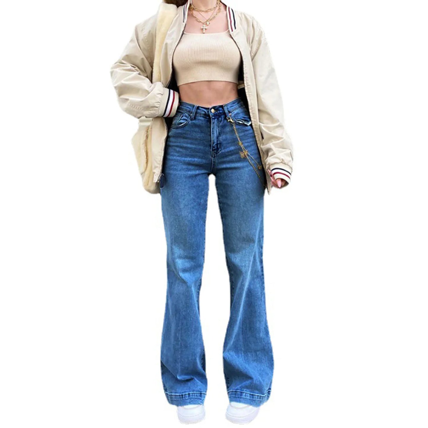 Women Denim Flared Pants Casual Solid Color Stretchy High Waist Bell Bottom Jeans Streetwear Baggy Jeans For Women Trousers