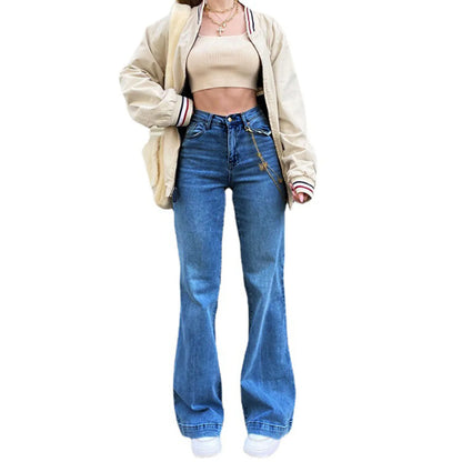 Women Denim Flared Pants Casual Solid Color Stretchy High Waist Bell Bottom Jeans Streetwear Baggy Jeans For Women Trousers